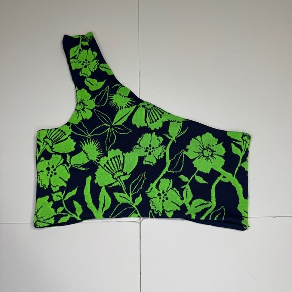 ZARA One Shoulder Crop Top M Green Navy Floral Tropical Knit Stretch NWOT - Picture 2 of 10